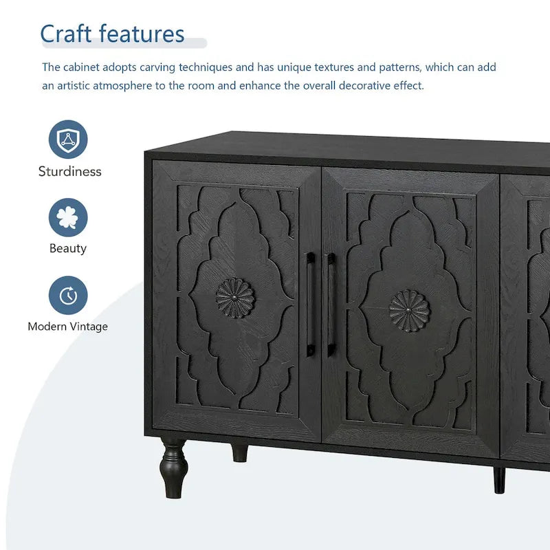Vintage Carved Flower Door Cabinet With Adjustable Shelves