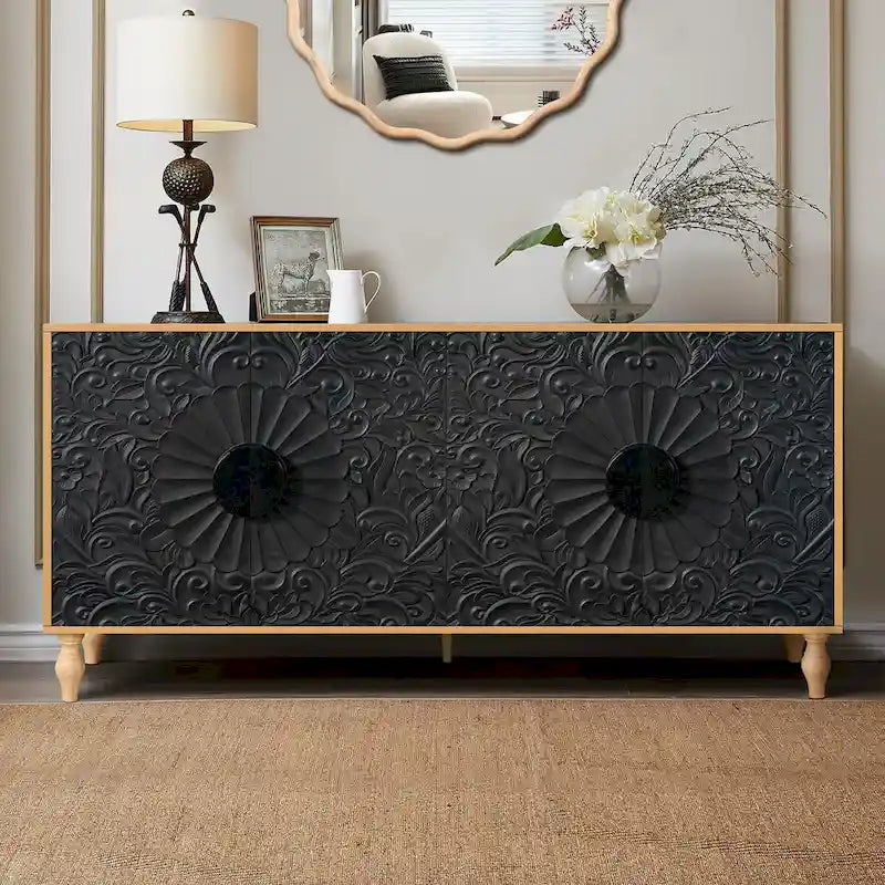 Vintage Carved Flower Door Cabinet With Adjustable Shelves