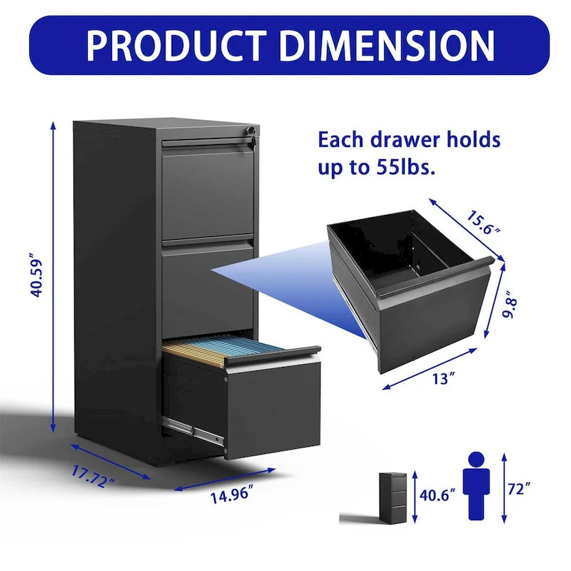 3 Drawer Metal Vertical File Cabinet with Lock
