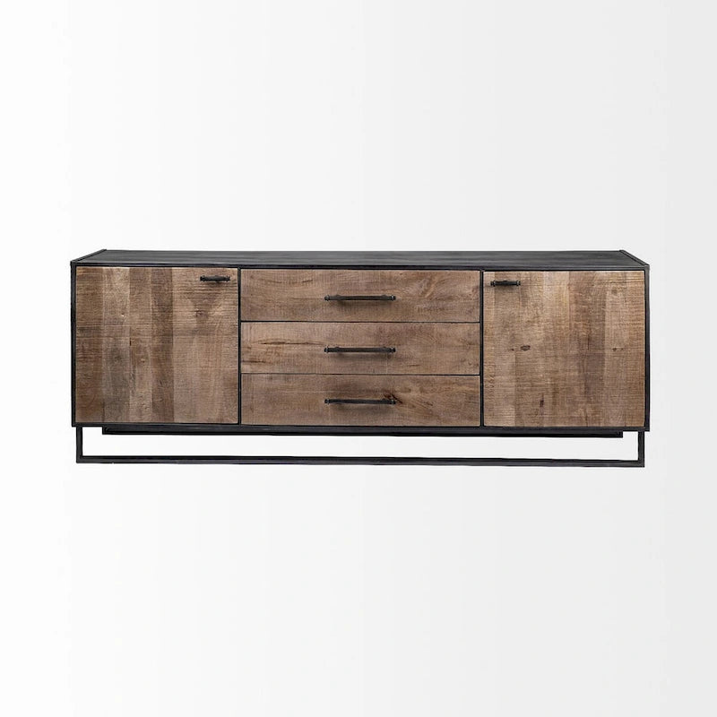 Brown Solid Wood With Black Metal Frame 3 Drawer 2 Cabinet Door Sideboard - 82.0L x 20.0W x 30.0H