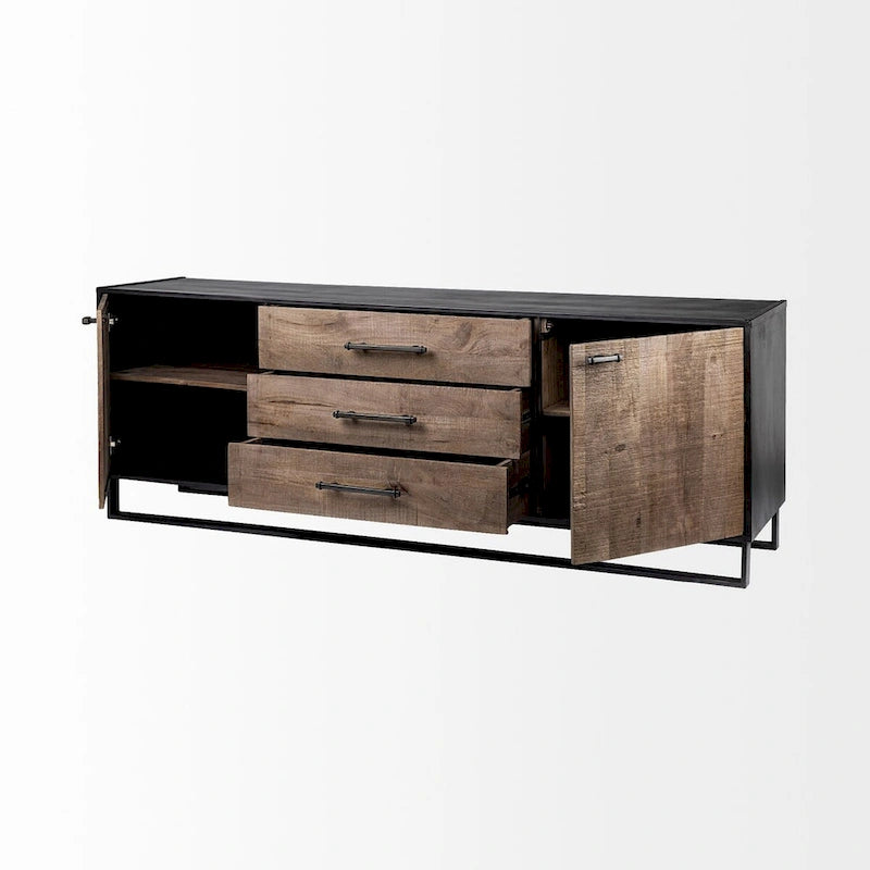 Brown Solid Wood With Black Metal Frame 3 Drawer 2 Cabinet Door Sideboard - 82.0L x 20.0W x 30.0H