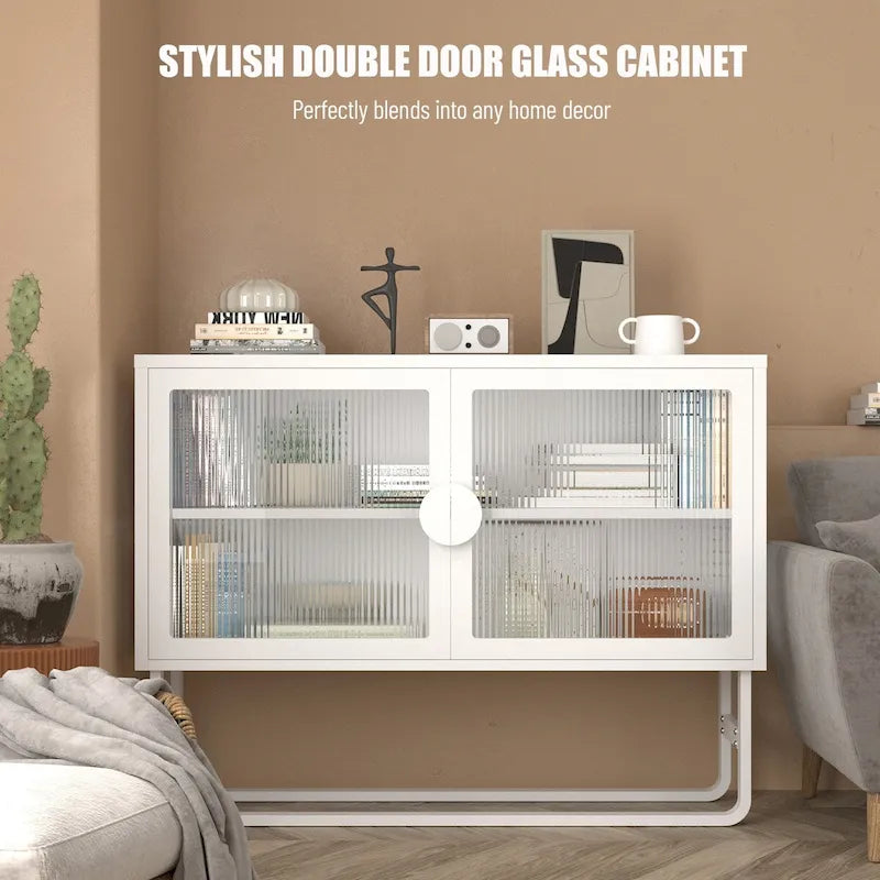 Tempered Glass Cabinet with 2 Fluted Glass Doors Adjustable Shelf U-shaped Leg free Enclosed Cupboard for Kitchen Living Room