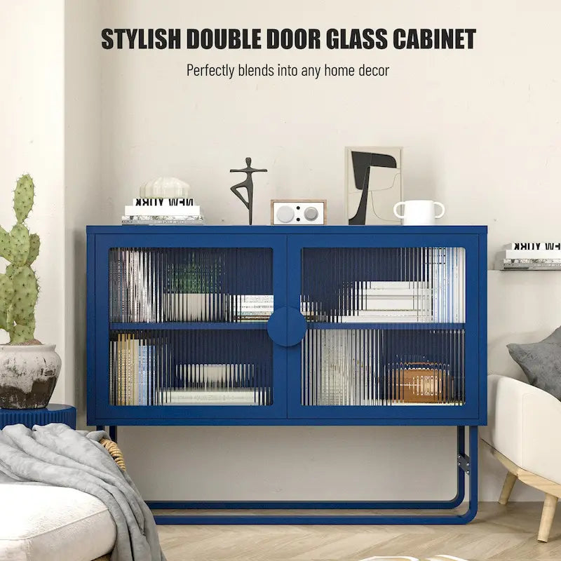 Tempered Glass Cabinet with 2 Fluted Glass Doors Adjustable Shelf U-shaped Leg free Enclosed Cupboard for Kitchen Living Room