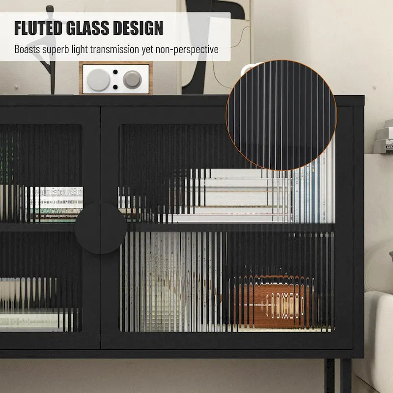 Tempered Glass Cabinet with 2 Fluted Glass Doors Adjustable Shelf U-shaped Leg free Enclosed Cupboard for Kitchen Living Room