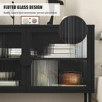 Tempered Glass Cabinet with 2 Fluted Glass Doors Adjustable Shelf U-shaped Leg free Enclosed Cupboard for Kitchen Living Room
