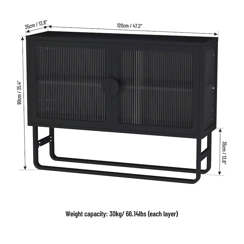 Tempered Glass Cabinet with 2 Fluted Glass Doors Adjustable Shelf U-shaped Leg free Enclosed Cupboard for Kitchen Living Room