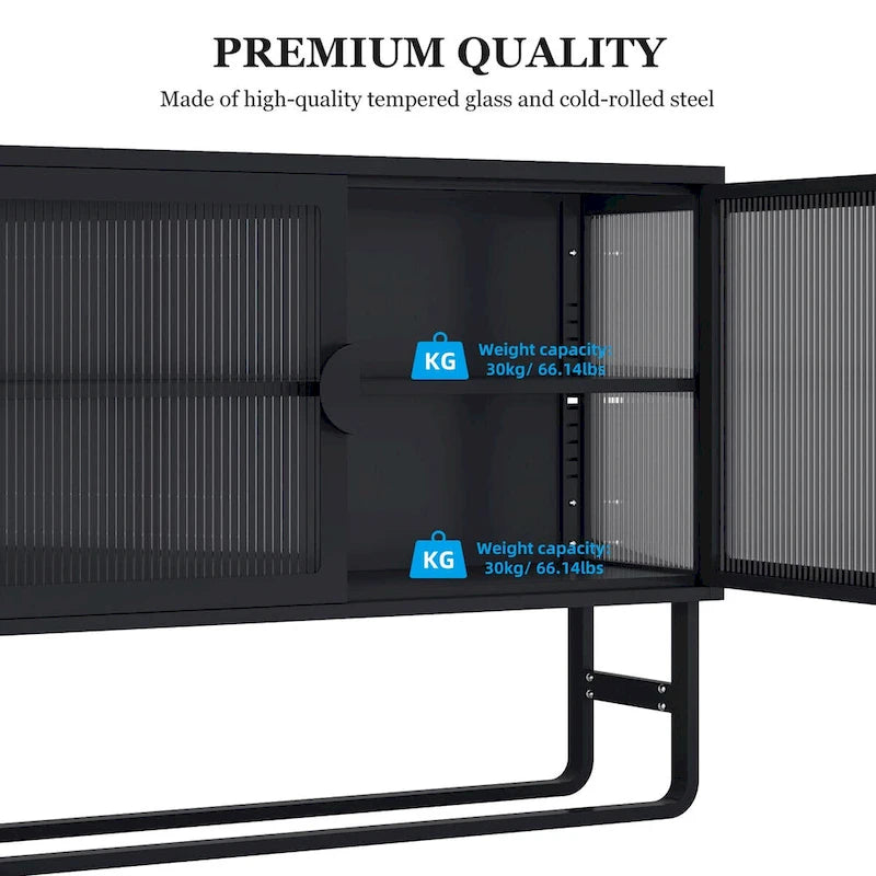 Tempered Glass Cabinet with 2 Fluted Glass Doors Adjustable Shelf U-shaped Leg free Enclosed Cupboard for Kitchen Living Room