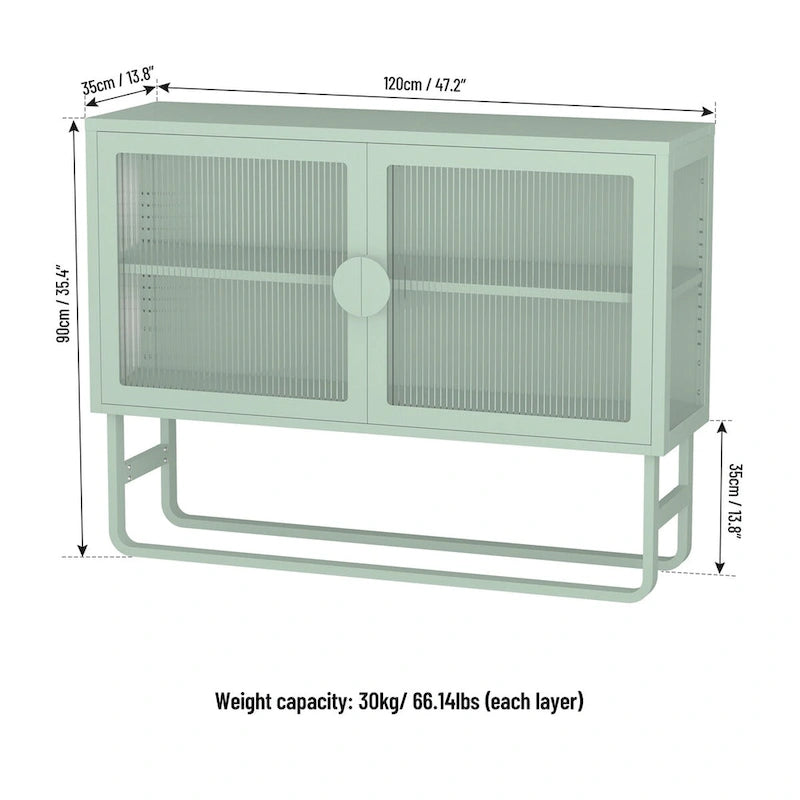 Tempered Glass Cabinet with 2 Fluted Glass Doors Adjustable Shelf U-shaped Leg free Enclosed Cupboard for Kitchen Living Room
