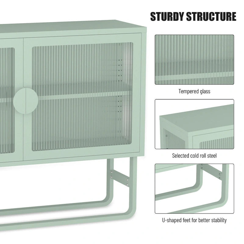 Tempered Glass Cabinet with 2 Fluted Glass Doors Adjustable Shelf U-shaped Leg free Enclosed Cupboard for Kitchen Living Room