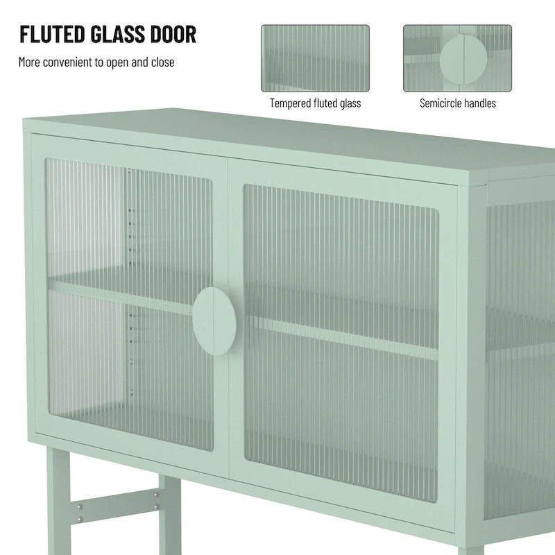 Tempered Glass Cabinet with 2 Fluted Glass Doors Adjustable Shelf U-shaped Leg free Enclosed Cupboard for Kitchen Living Room