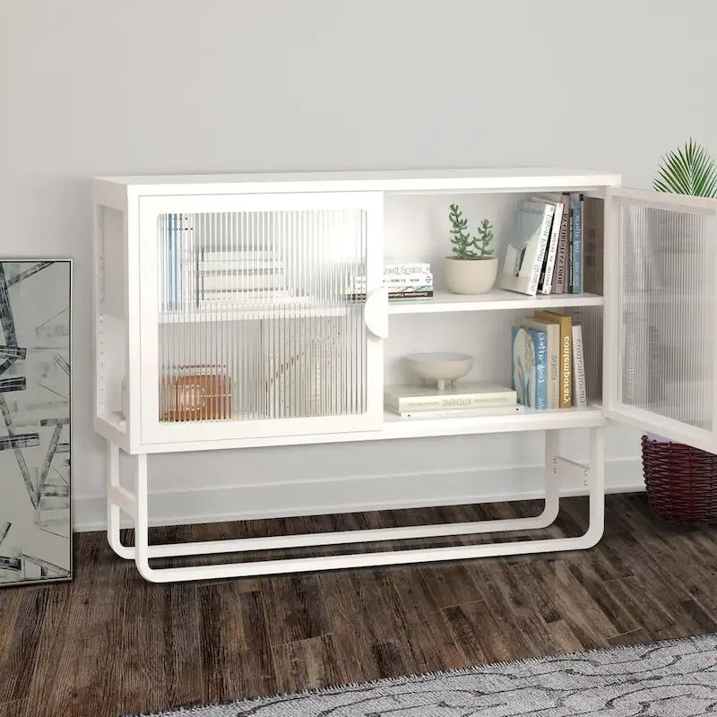 Tempered Glass Cabinet with 2 Fluted Glass Doors Adjustable Shelf U-shaped Leg free Enclosed Cupboard for Kitchen Living Room