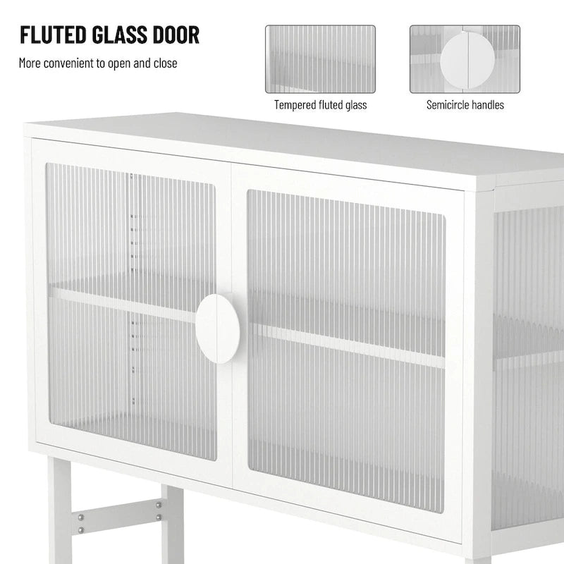 Tempered Glass Cabinet with 2 Fluted Glass Doors Adjustable Shelf U-shaped Leg free Enclosed Cupboard for Kitchen Living Room