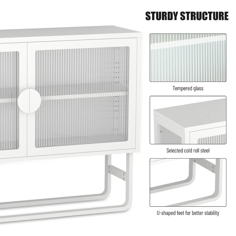 Tempered Glass Cabinet with 2 Fluted Glass Doors Adjustable Shelf U-shaped Leg free Enclosed Cupboard for Kitchen Living Room