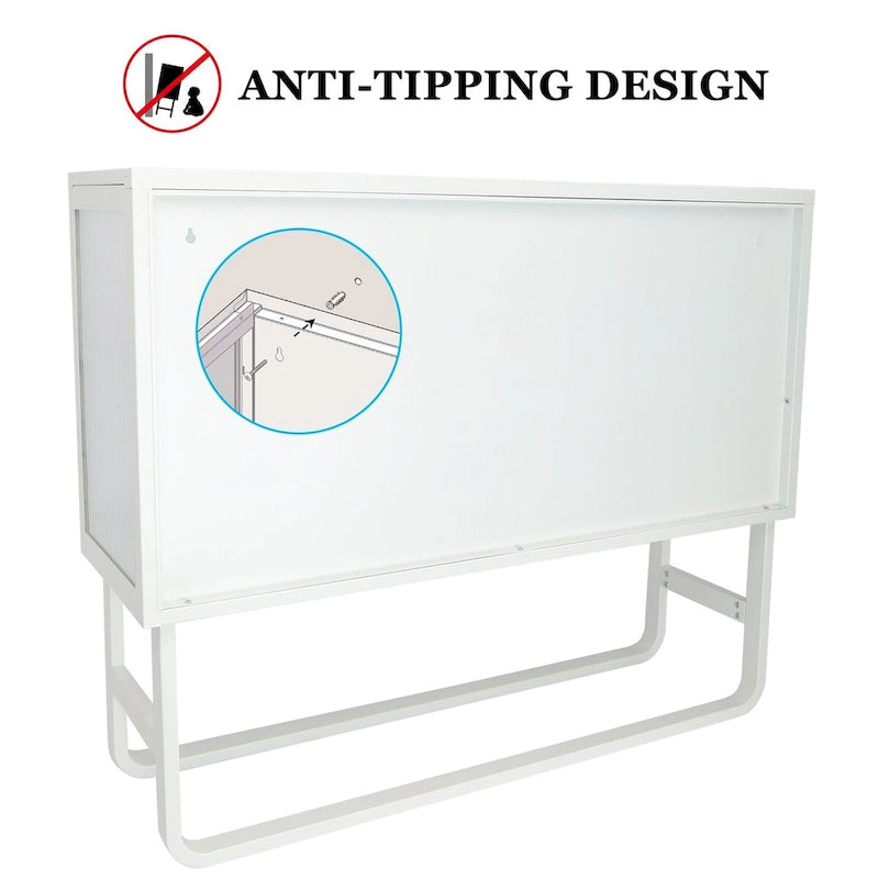 Tempered Glass Cabinet with 2 Fluted Glass Doors Adjustable Shelf U-shaped Leg free Enclosed Cupboard for Kitchen Living Room