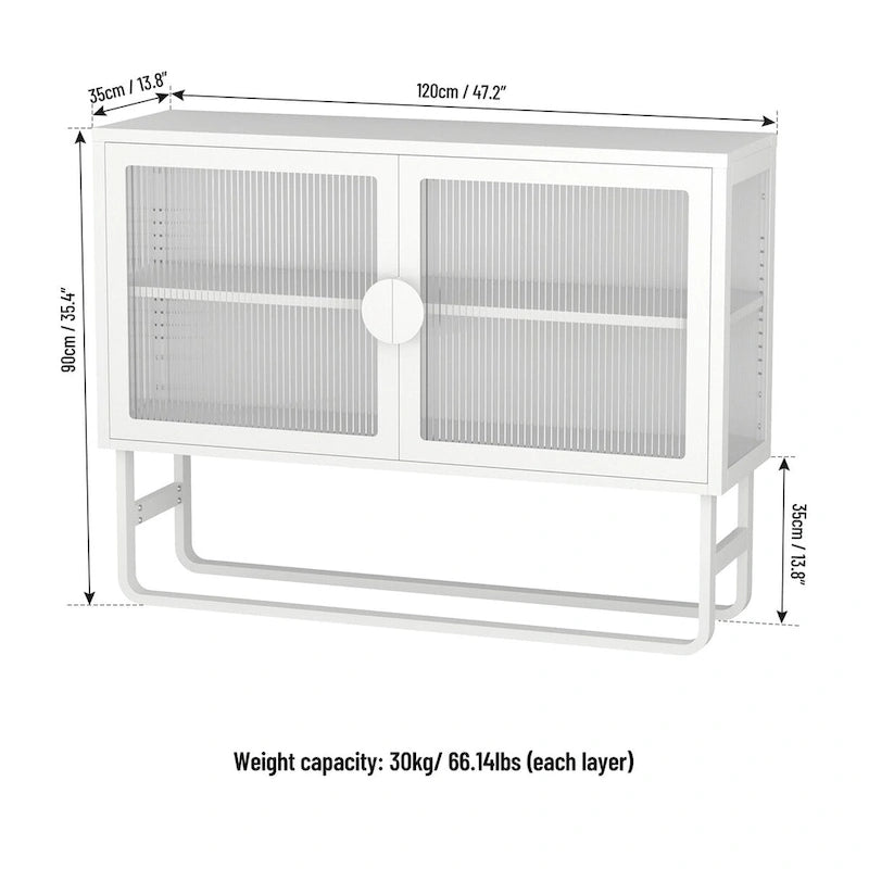 Tempered Glass Cabinet with 2 Fluted Glass Doors Adjustable Shelf U-shaped Leg free Enclosed Cupboard for Kitchen Living Room