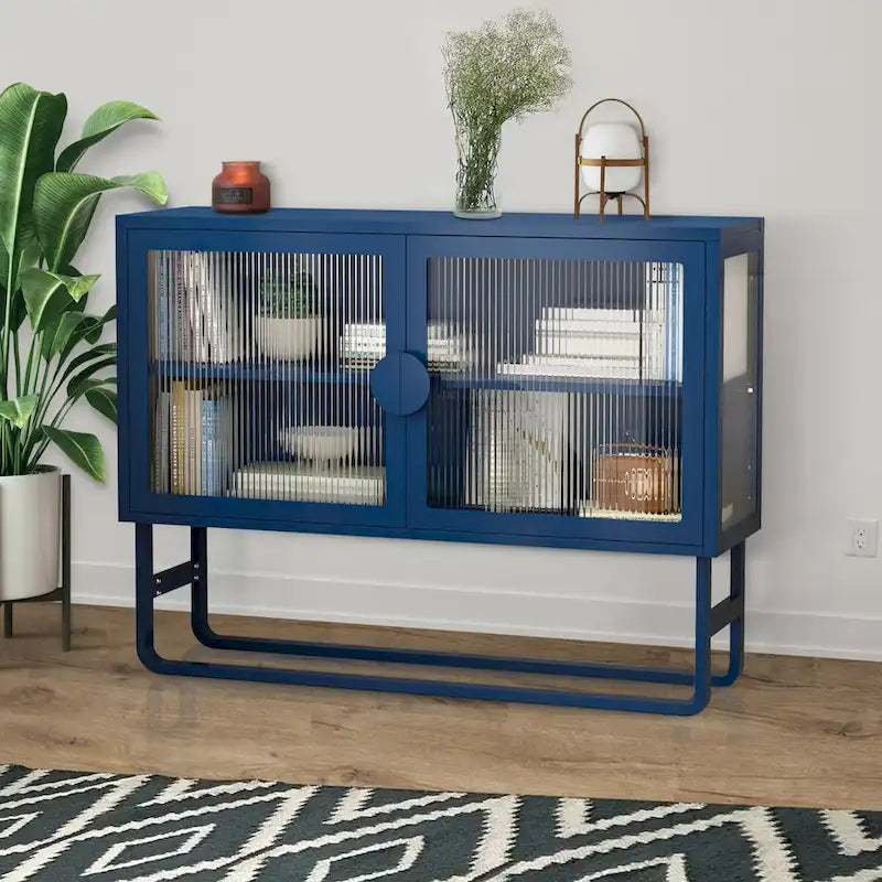 Tempered Glass Cabinet with 2 Fluted Glass Doors Adjustable Shelf U-shaped Leg free Enclosed Cupboard for Kitchen Living Room