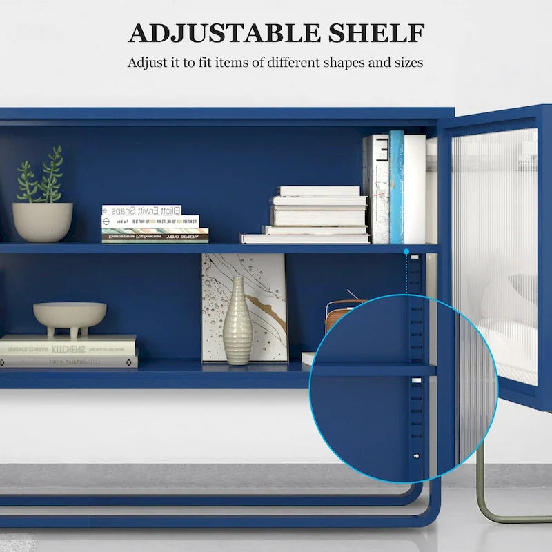 Tempered Glass Cabinet with 2 Fluted Glass Doors Adjustable Shelf U-shaped Leg free Enclosed Cupboard for Kitchen Living Room