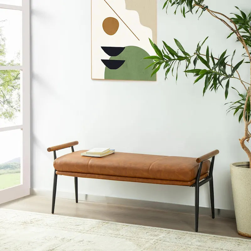 48.5W Modern Upholstered Bench with Wooden Arms and Metal Legs