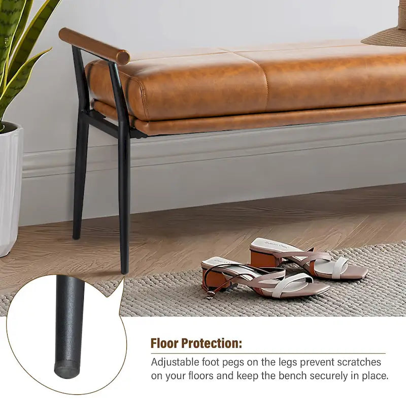 48.5W Modern Upholstered Bench with Wooden Arms and Metal Legs