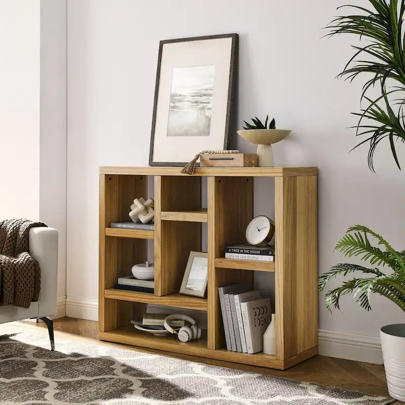 Open Wooden Open Shelf Bookcase, Freestanding Display Cabinet with 7 Cube Storage Spaces, Floor Standing Bookshelf, Entryway