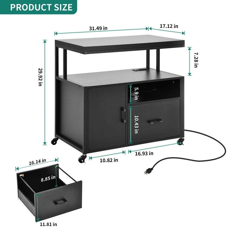 Rolling Filing Cabinet Cart - 15.7D x 31.5W x 29.9