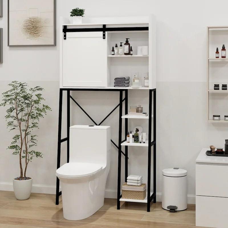 Above the toilet storage cabinet, bathroom shelf