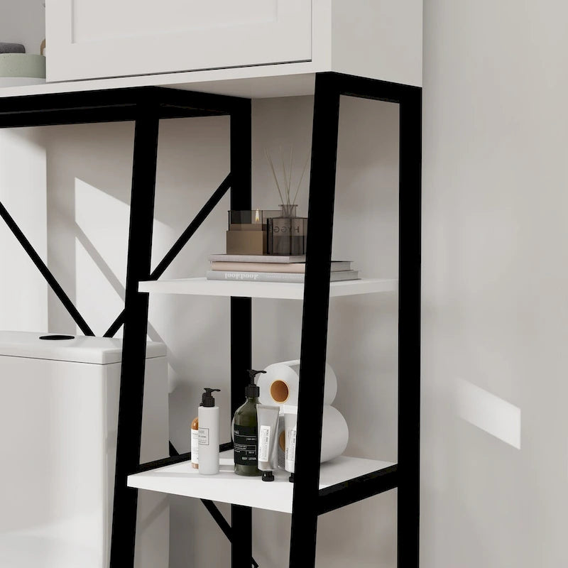 Above the toilet storage cabinet, bathroom shelf