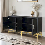 Besondere Merkmale eines viertürigen Sideboards mit Metall- und Kreuzbeindesign, geeignet für Wohnzimmer