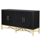 Besondere Merkmale eines viertürigen Sideboards mit Metall- und Kreuzbeindesign, geeignet für Wohnzimmer