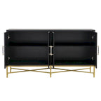 Besondere Merkmale eines viertürigen Sideboards mit Metall- und Kreuzbeindesign, geeignet für Wohnzimmer